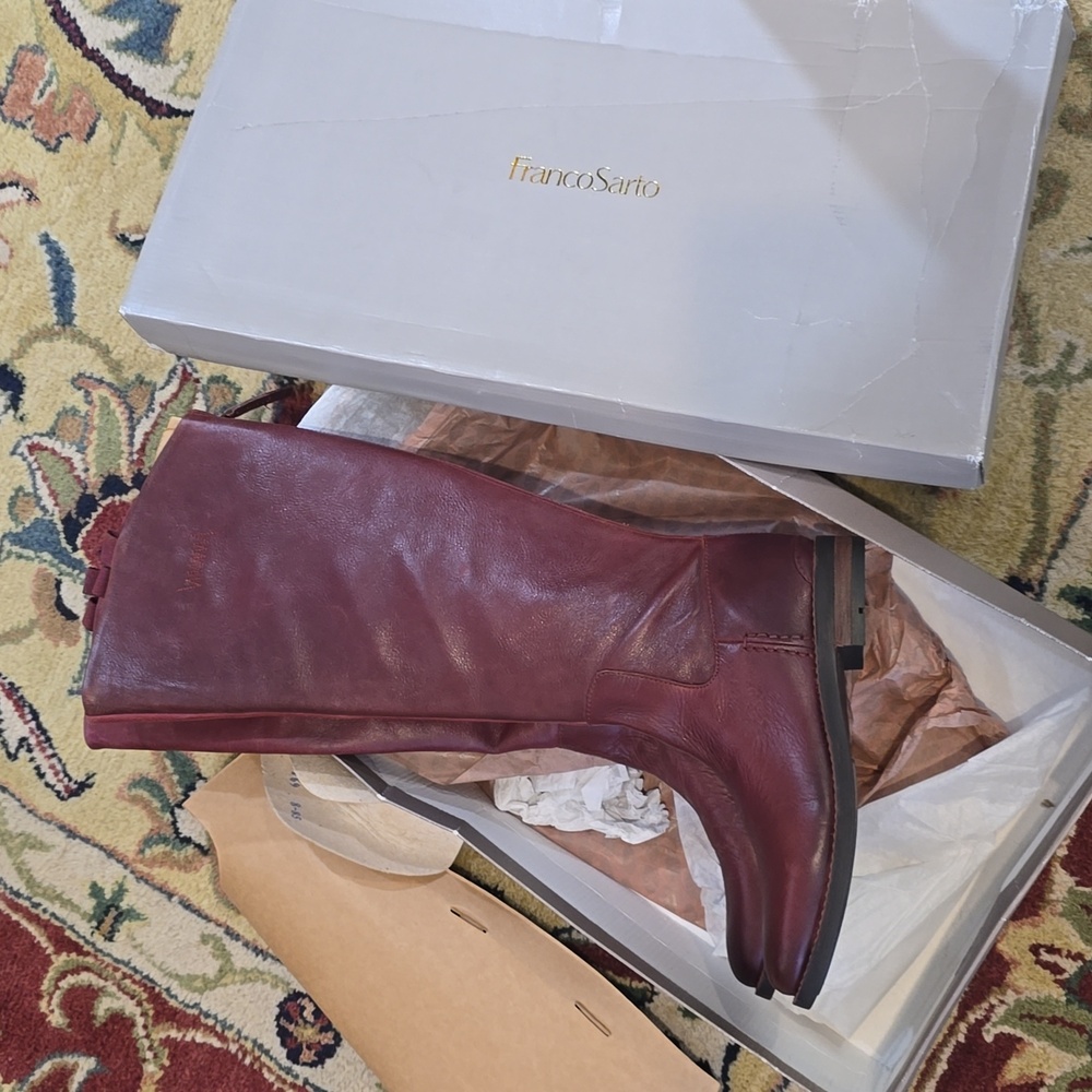Franco Sarto Meyer Wide Calf Leather Riding Boots Bordeaux Red 8.5M NIB